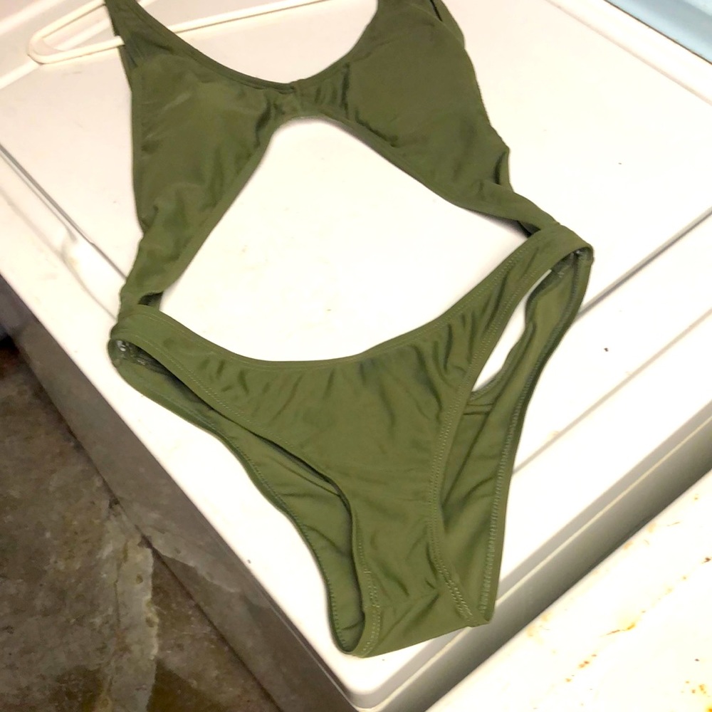 Olive colored bathing suit.